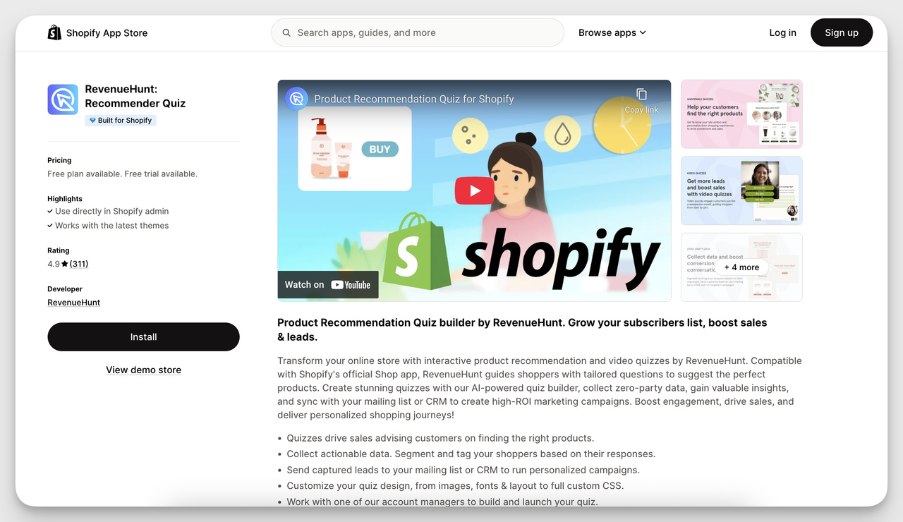 Shopify Product Recommendation App – RevenueHunt product recommendation quiz builder for Shopify, guiding customers to tailored product suggestions.