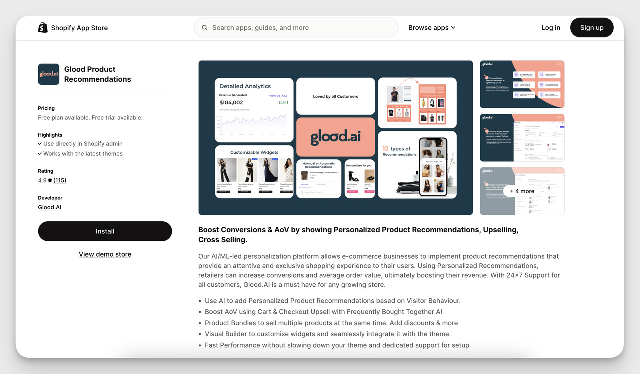 Shopify Product Recommendation App – Glood AI-driven product recommendations dashboard with analytics, customizable widgets, and upsell options.
