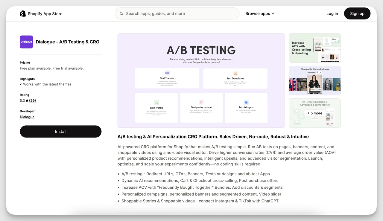 Shopify Product Recommendation App – Dialogue interface for AI personalization and A/B testing of product recommendations, upsells, and CRO optimization.