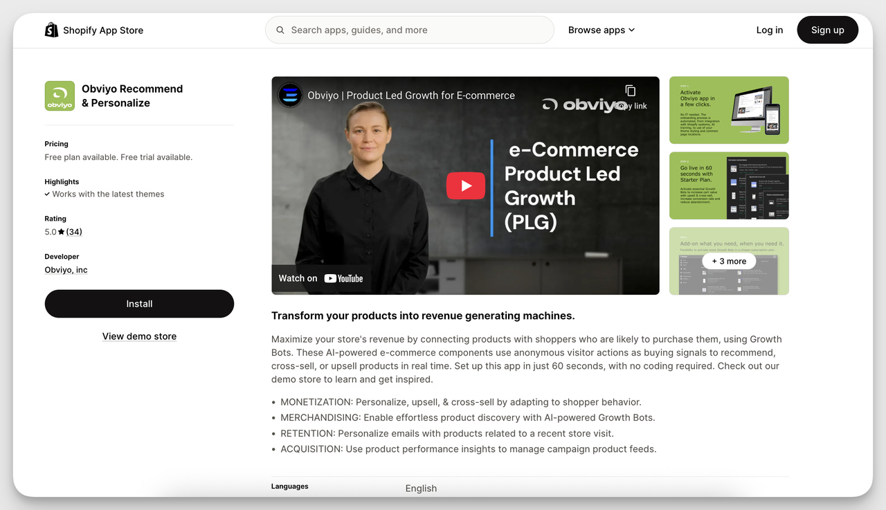 Shopify Product Recommendation App – Obviyo interface highlighting AI-powered real-time personalization, product discovery, and upsell recommendations.