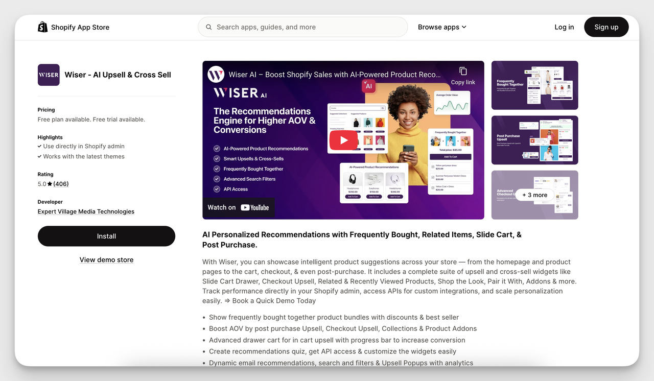 Shopify Product Recommendation App – Wiser AI Upsell & Cross Sell interface showing AI-powered product recommendations, frequently bought together bundles, and upsell widgets for higher AOV.