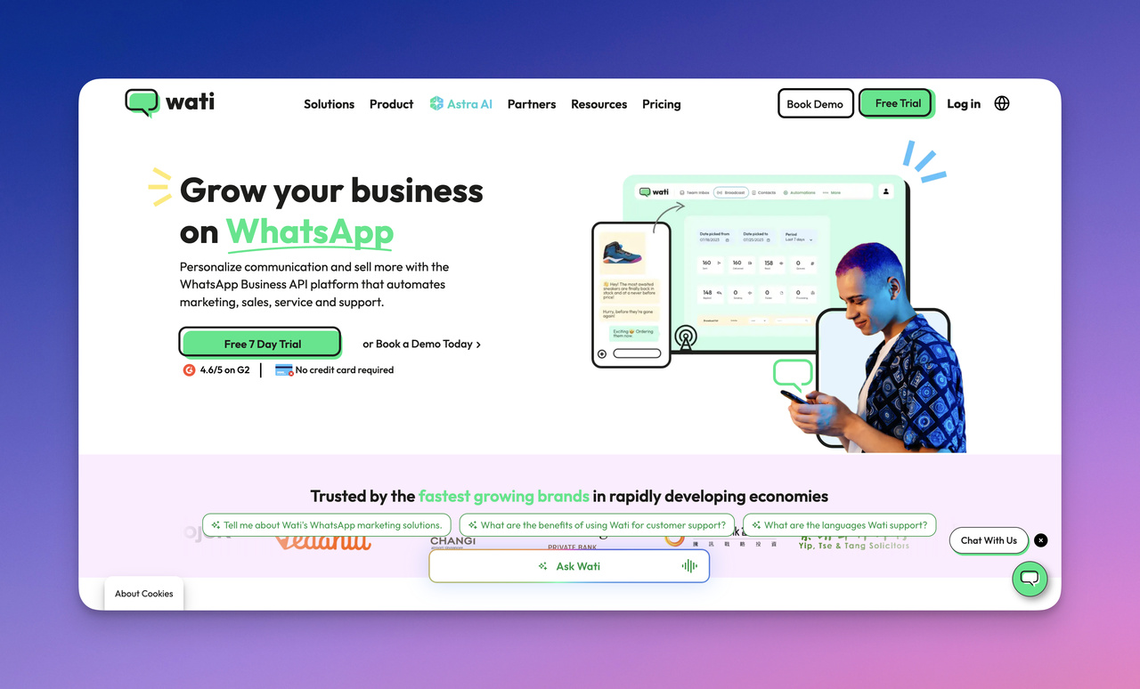 Image of Wati.com's website landing page.