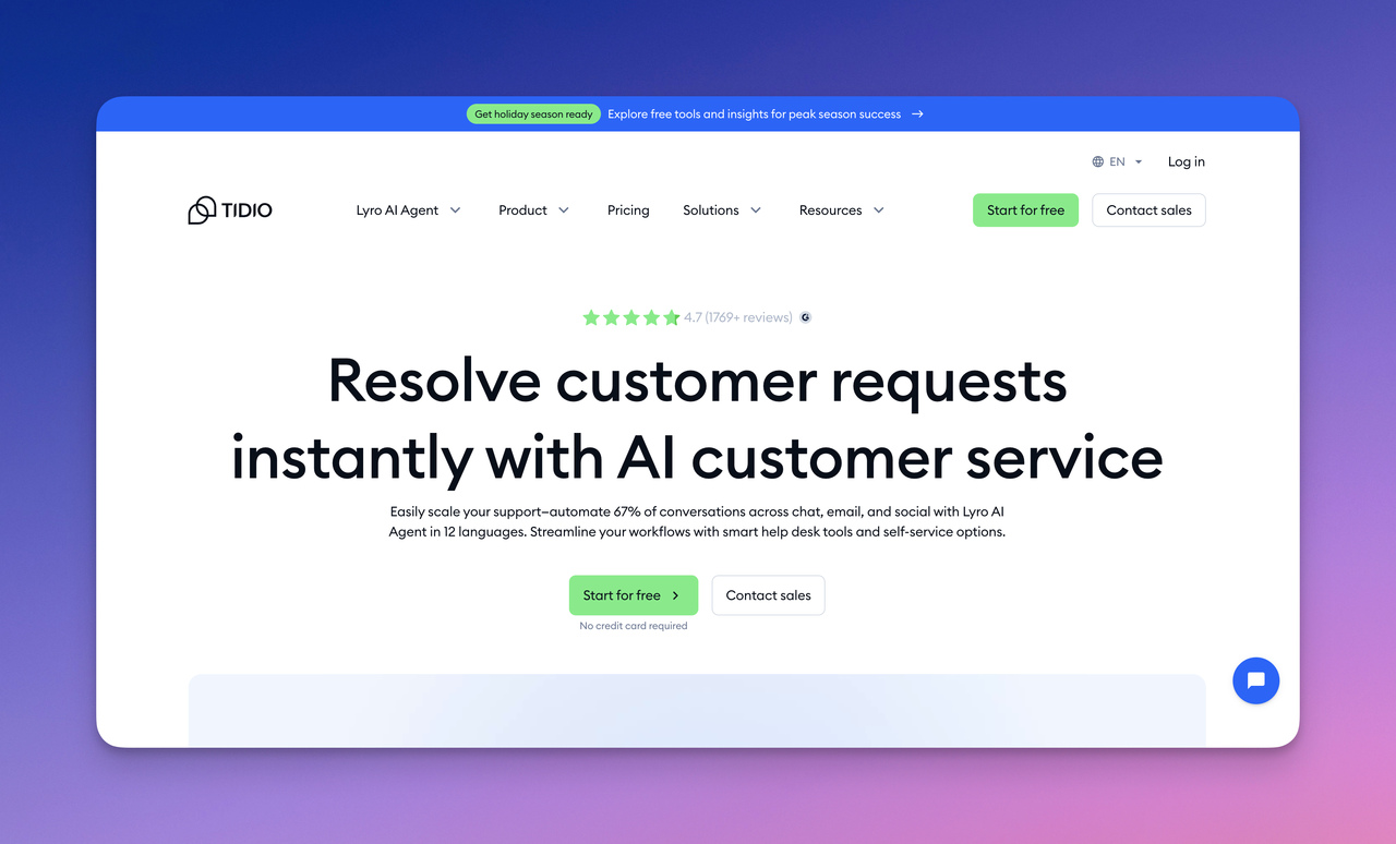Image of Tidio's website landing page.