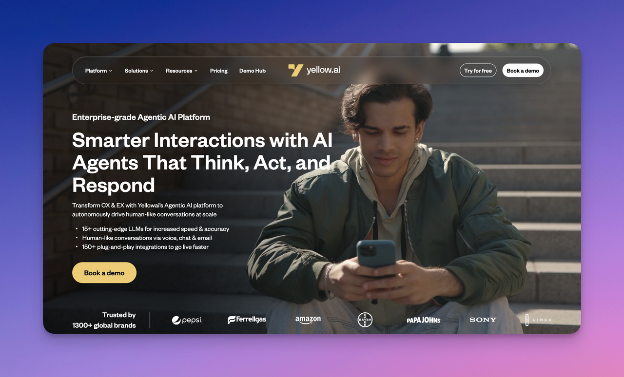 Image of Yellow.AI.com's website landing page.