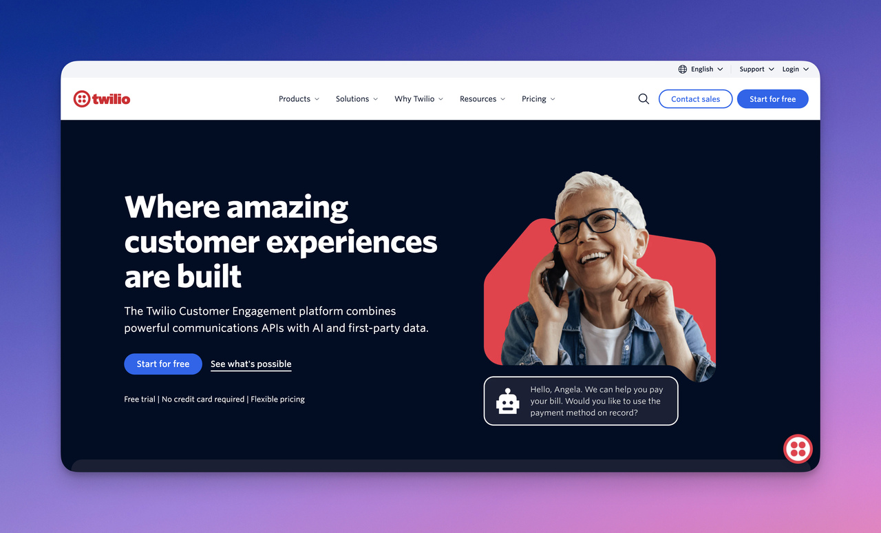 Image of Twilio.com's website landing page.