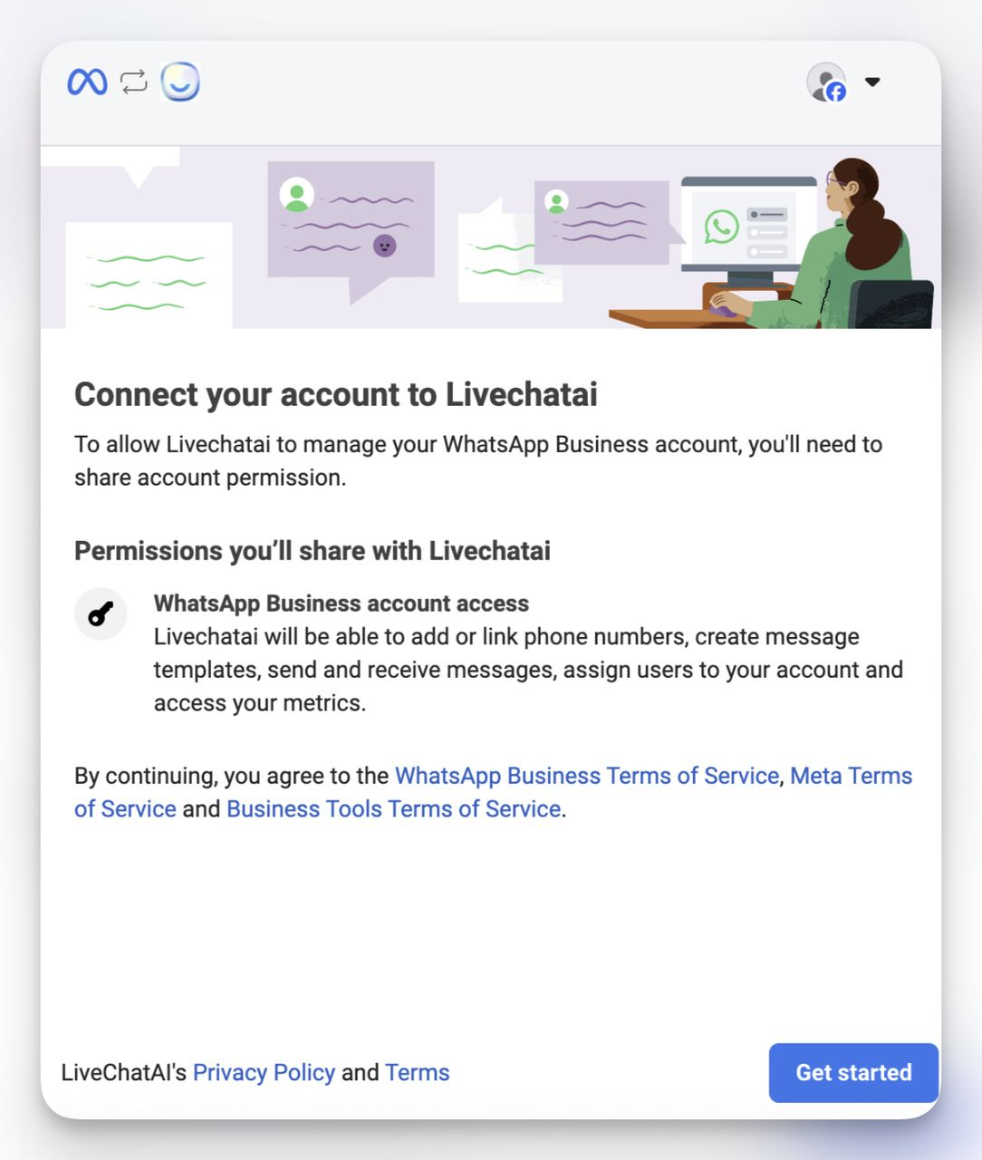 Meta confirmation page to connect WhatsApp Business account to LiveChatAI, granting access for managing phone numbers, messages, templates, and metrics.