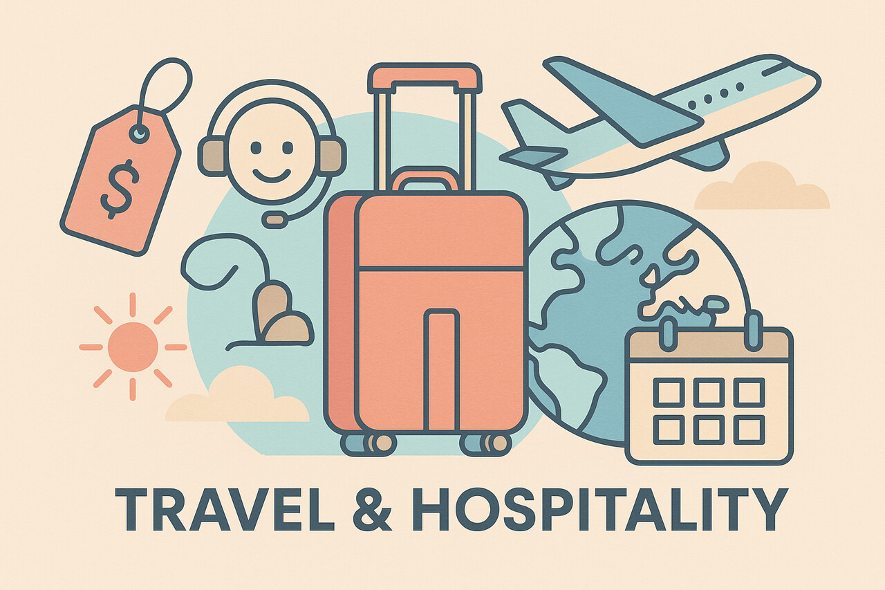 Travel and hospitality customer support illustration with suitcase, airplane, headset, calendar, and globe icons in pastel colors, representing seasonal service cost variation.