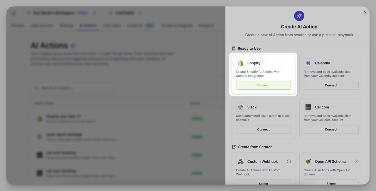 LiveChatAI dashboard showing the “Create AI Action” window with Shopify integration highlighted under Ready to Use section, guiding users to connect Shopify for WhatsApp chatbot setup.