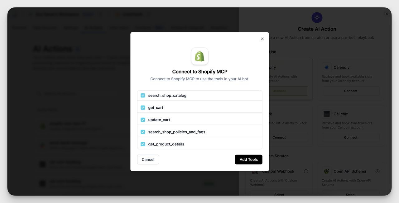 LiveChatAI Shopify MCP connection window displaying AI Actions options like search_shop_catalog, get_cart, update_cart, and get_product_details for Shopify data automation.