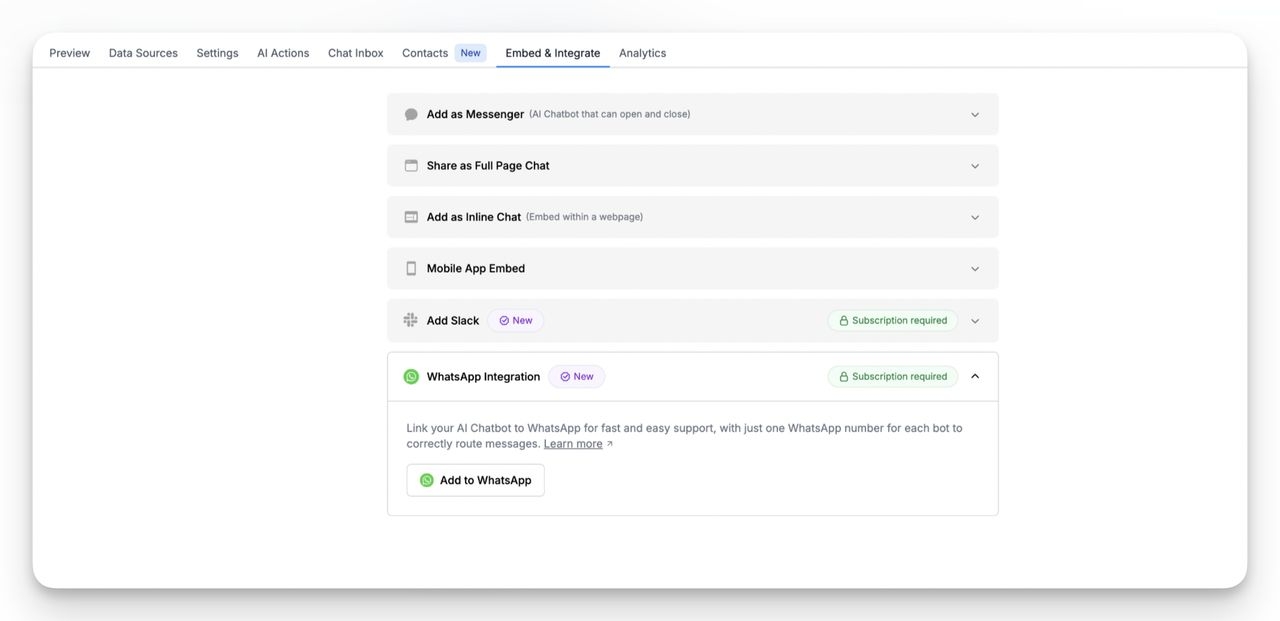 LiveChatAI Embed & Integrate dashboard displaying multiple channel options including WhatsApp Integration, Messenger, Slack, and inline chat for Shopify chatbot deployment.