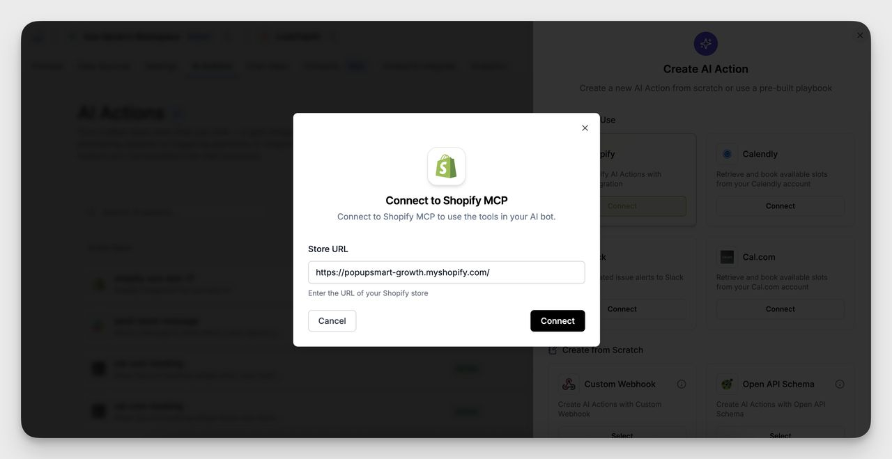 LiveChatAI “Connect to Shopify MCP” popup prompting user to enter and connect their Shopify store URL to enable Shopify AI Actions.