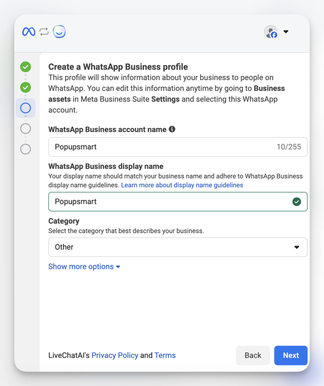 Meta Business setup screen prompting user to fill in business name, email, website, and country details while connecting WhatsApp Business to LiveChatAI.
