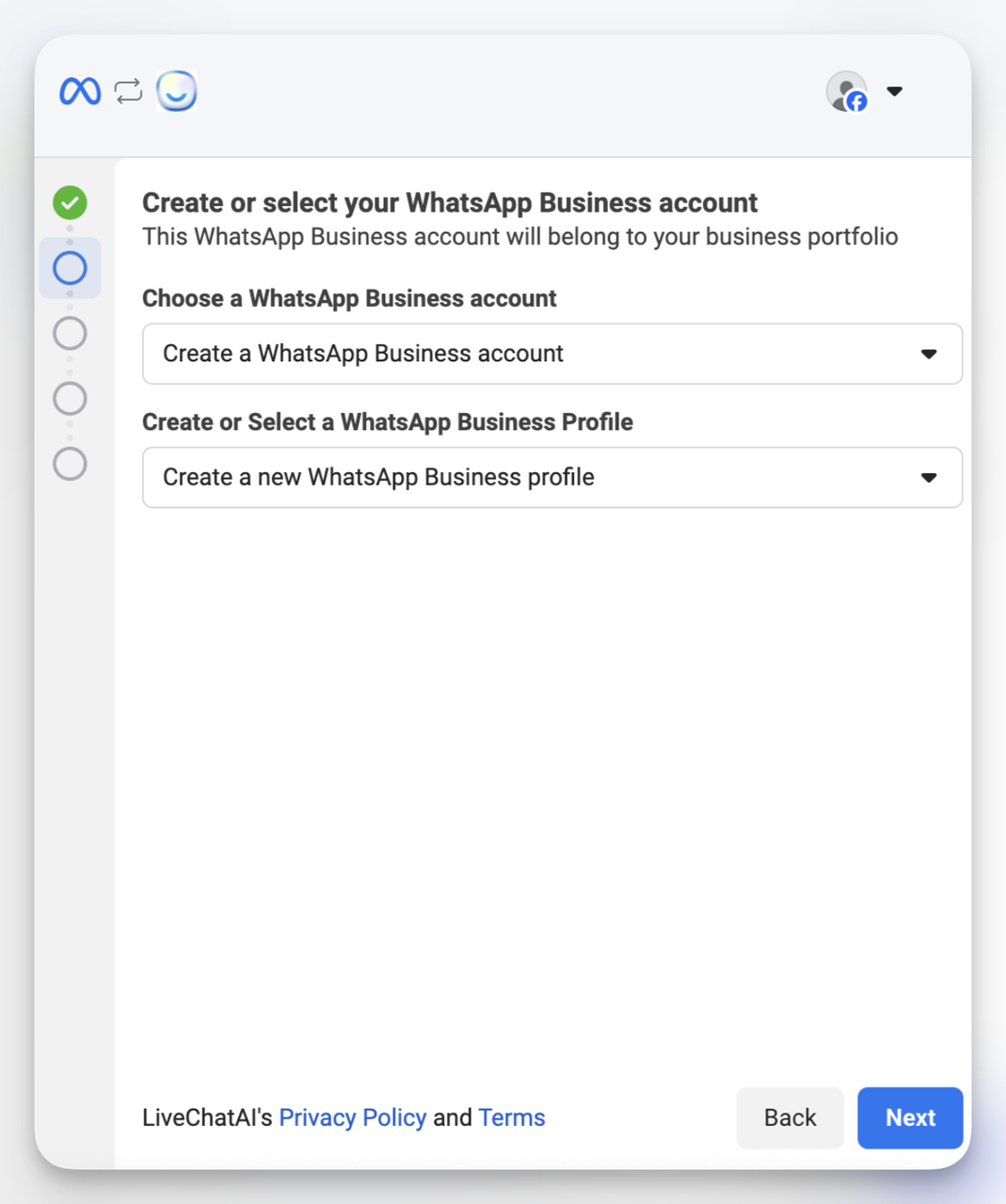Meta Business interface prompting the user to create or select a WhatsApp Business Account and profile during LiveChatAI WhatsApp integration setup.