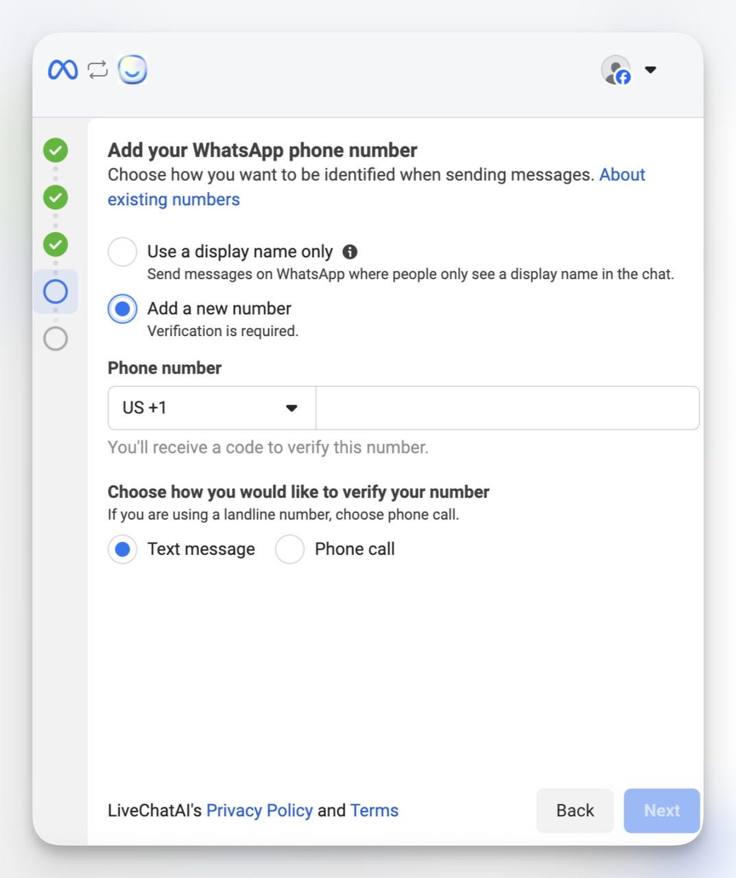 Meta Business verification screen prompting the user to add and verify a WhatsApp Business phone number during LiveChatAI integration setup.