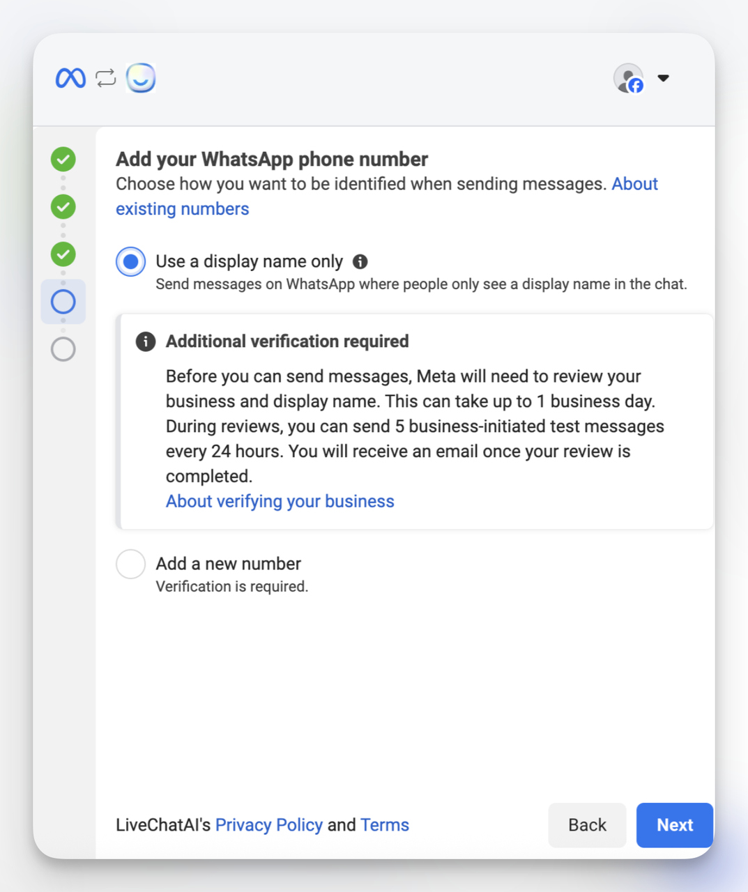 Meta Business setup screen for adding a WhatsApp phone number during LiveChatAI integration, showing the option to use a display name only and details about business verification requirements.