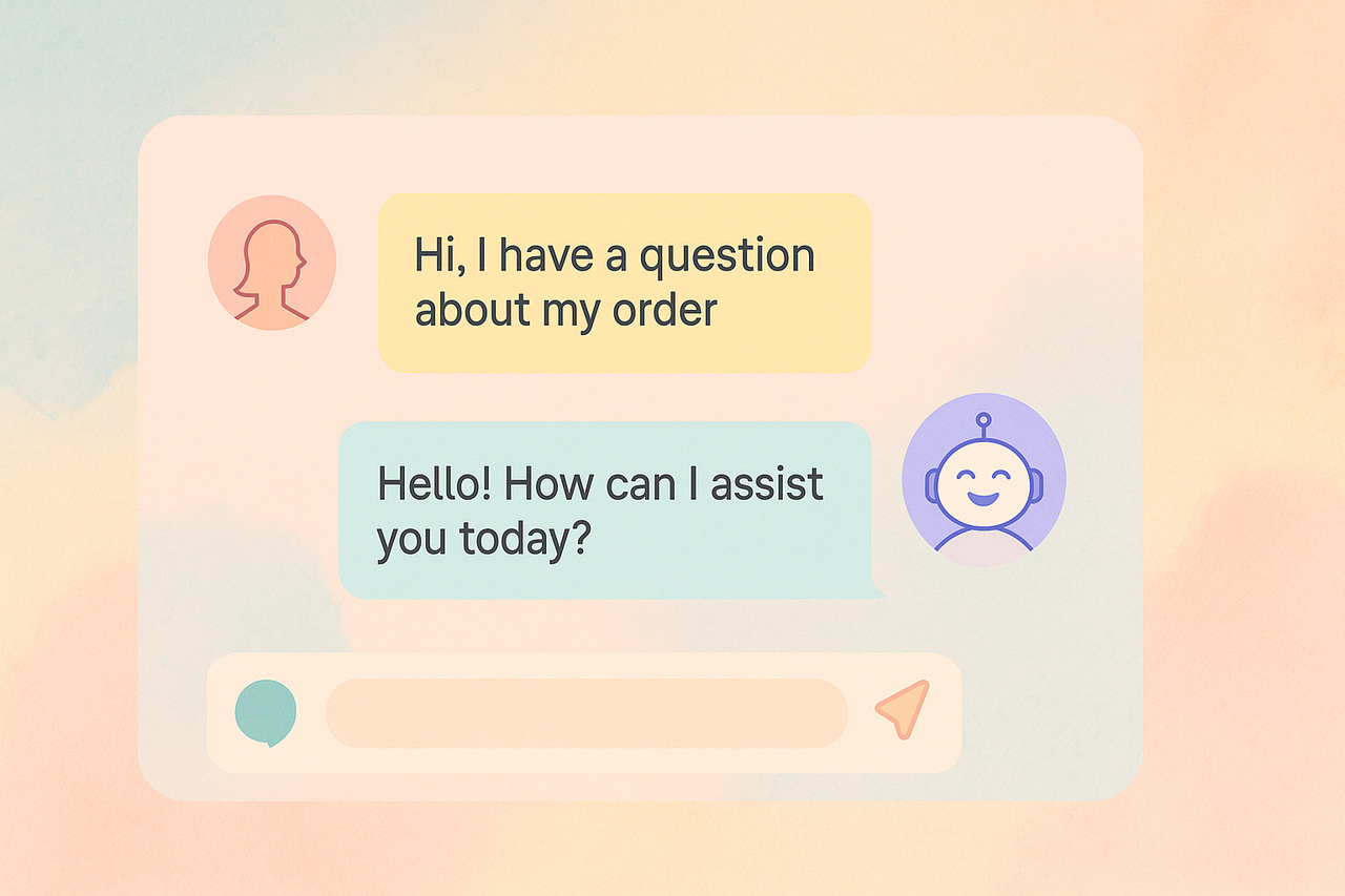 Illustration of a customer and AI chatbot conversation where the bot responds to an order query, representing WhatsApp support automation for Shopify stores.