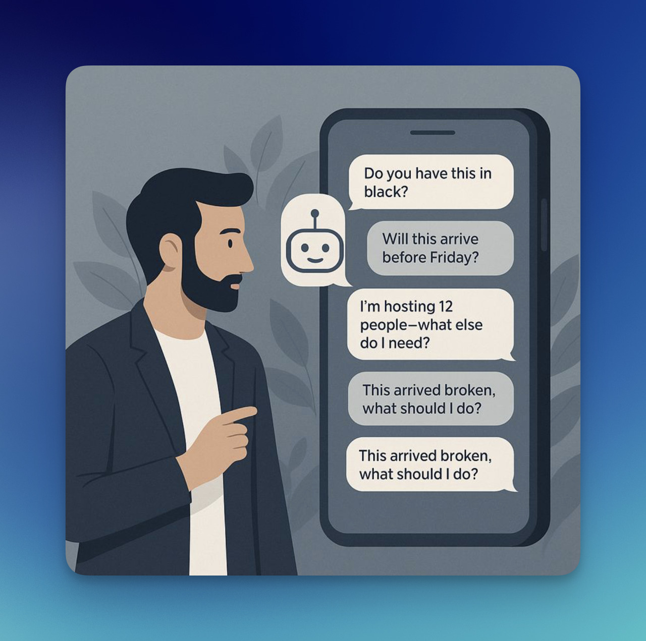 Illustration of a customer chatting with an AI assistant on mobile, asking product, delivery, and return-related questions.