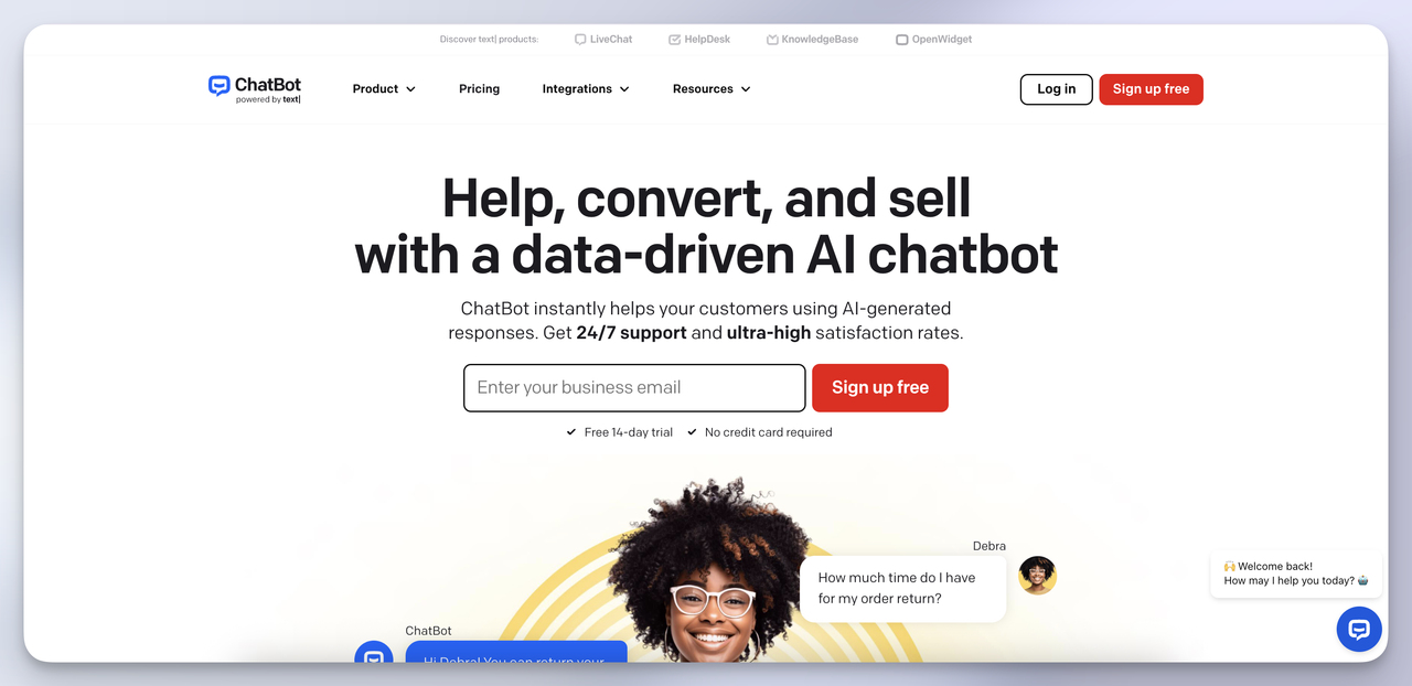 ChatBot.com visual flow builder homepage highlighting drag-and-drop AI replies - no-code Chatbase alternative for SMBs.