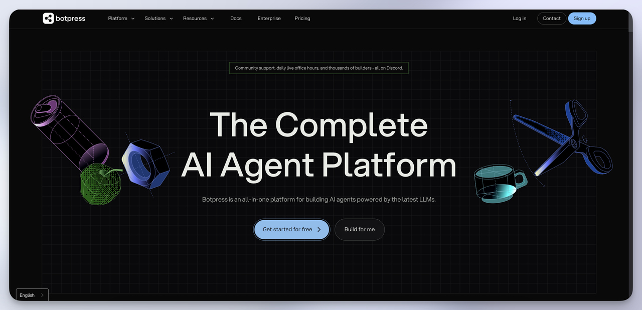 Botpress dark grid homepage promoting complete AI agent platform and open-source SDK - developer-friendly Chatbase alternative.