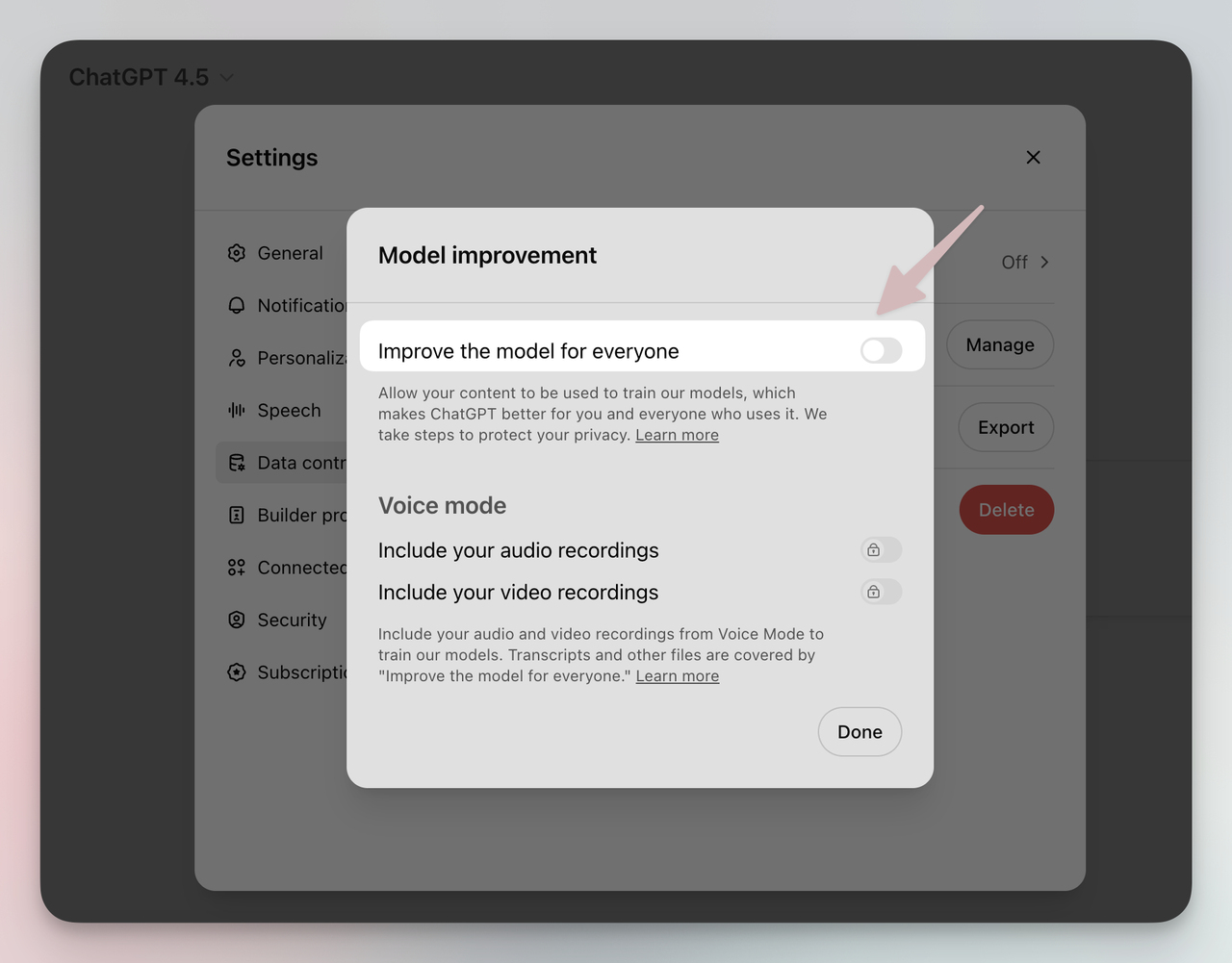 ChatGPT Model Improvement settings showing the Improve the Model for Everyone toggle switched off to prevent conversations from being used for AI training.