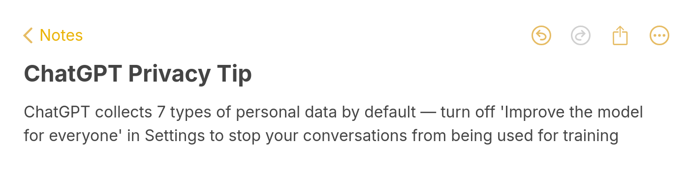 Note highlighting that ChatGPT collects 7 types of personal data by default and how to disable the Improve the model for everyone setting