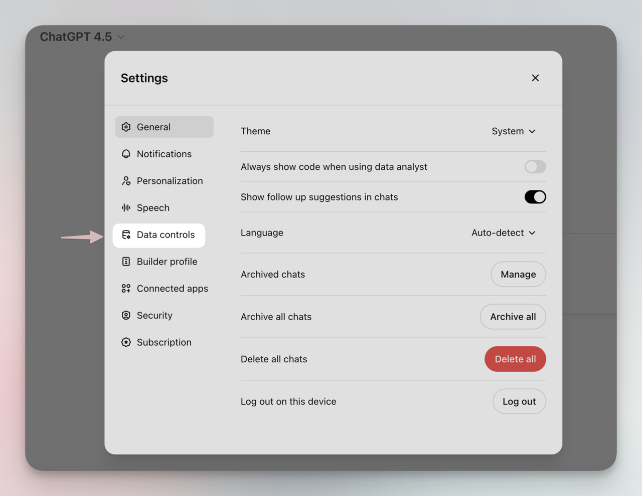 ChatGPT settings screen showing the Data Controls option, where users can manage chat history, archived chats, and data privacy preferences to stop data saving.