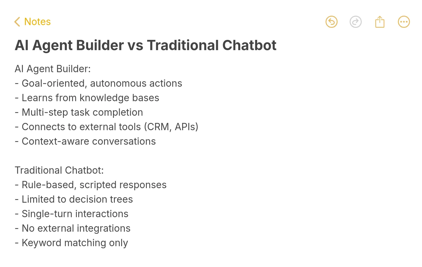 Comparison of AI agent builders versus traditional chatbots showing differences in autonomy, learning, task completion, and integrations