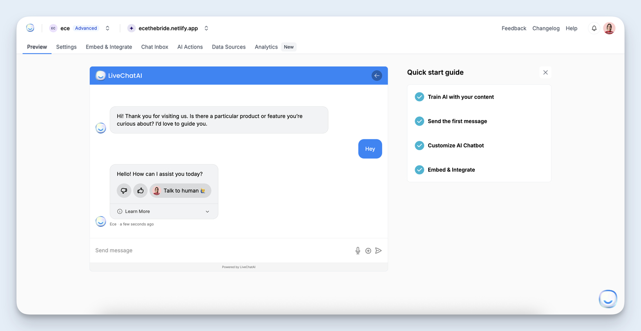 LiveChatAI preview interface with quick start checklist and AI assistant conversation example