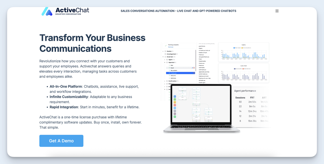 Activechat AI platform homepage showcasing workflow automation and live chat features