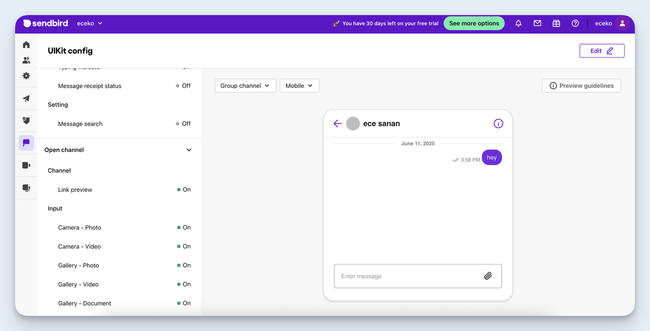 Sendbird UIKit configuration interface for mobile group chat channels with input and preview settings