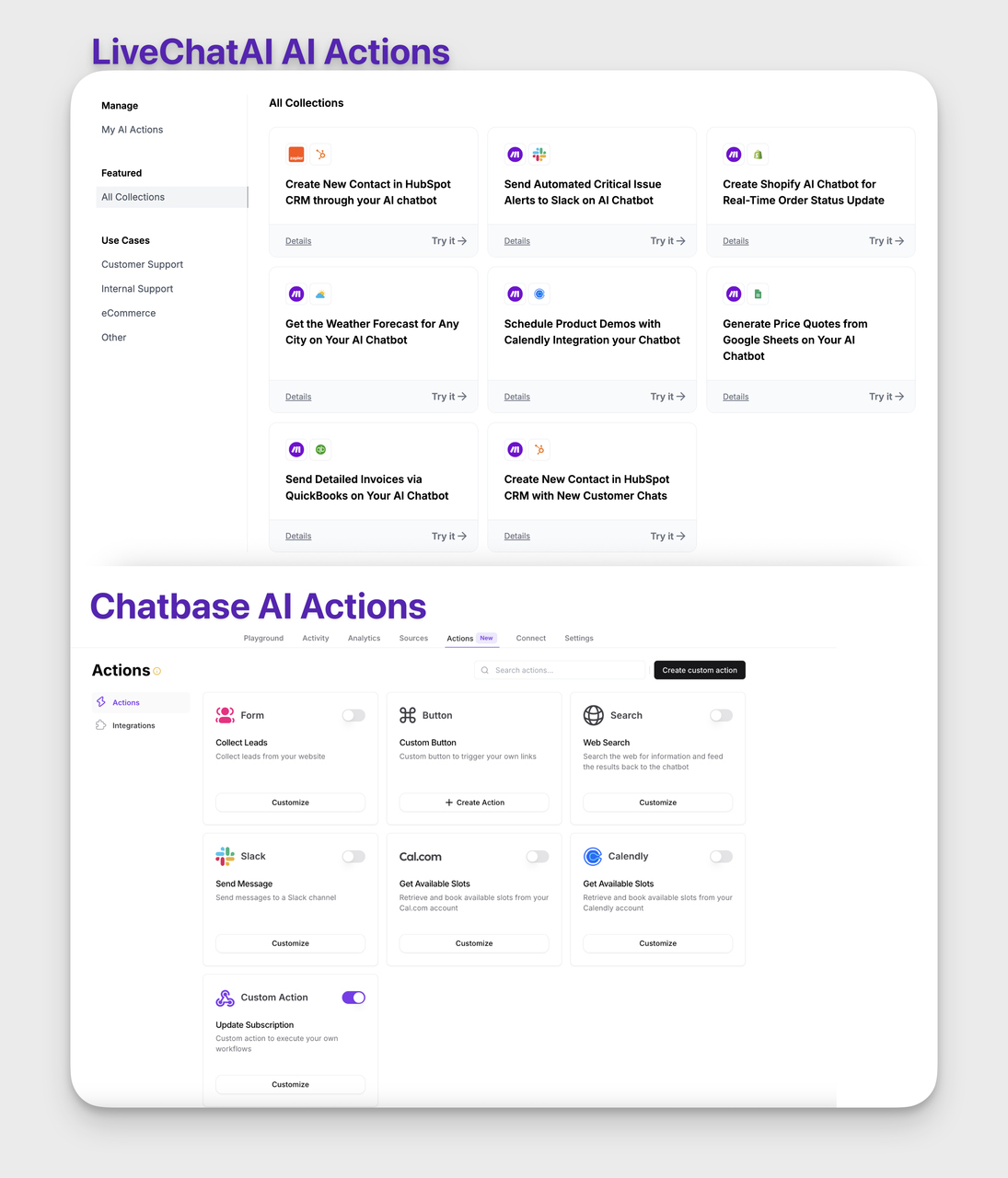 Comparison of AI Actions in LiveChatAI and Chatbase platforms for chatbot automation