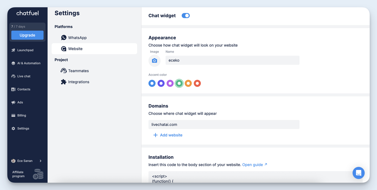 Chatfuel platform settings page showing chat widget appearance and domain configuration