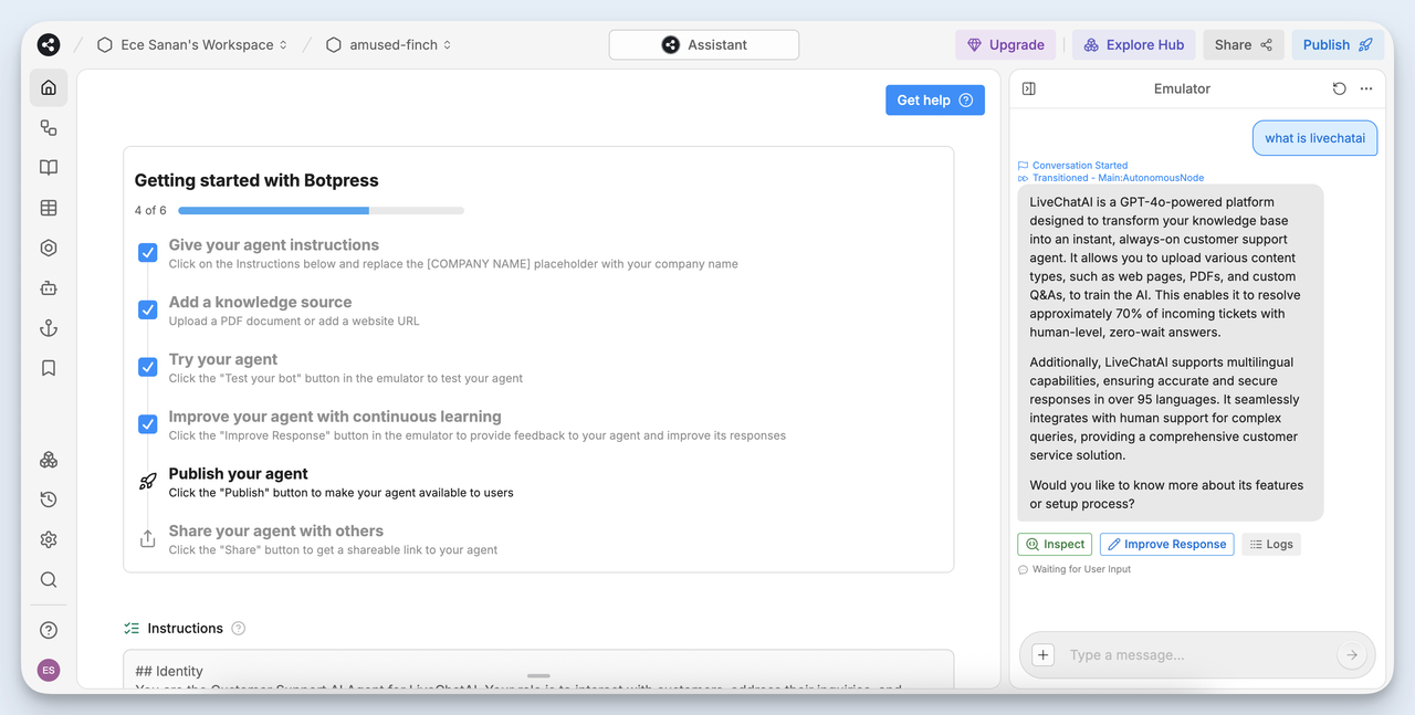 Botpress user interface showing agent setup steps including instructions, knowledge base, and publishing flow