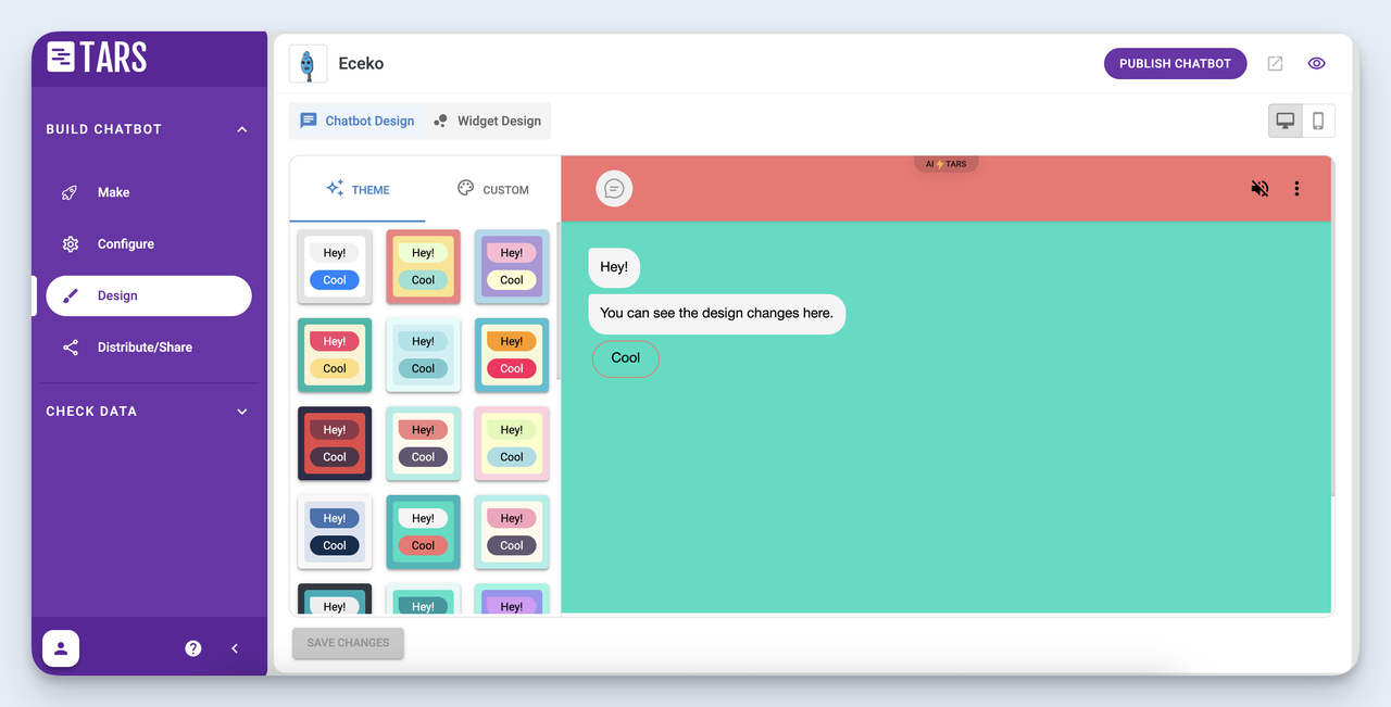 Tars chatbot builder showing customizable theme and widget design options for chat interface