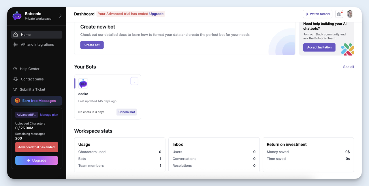 Botsonic workspace dashboard with bot creation panel and usage statistics