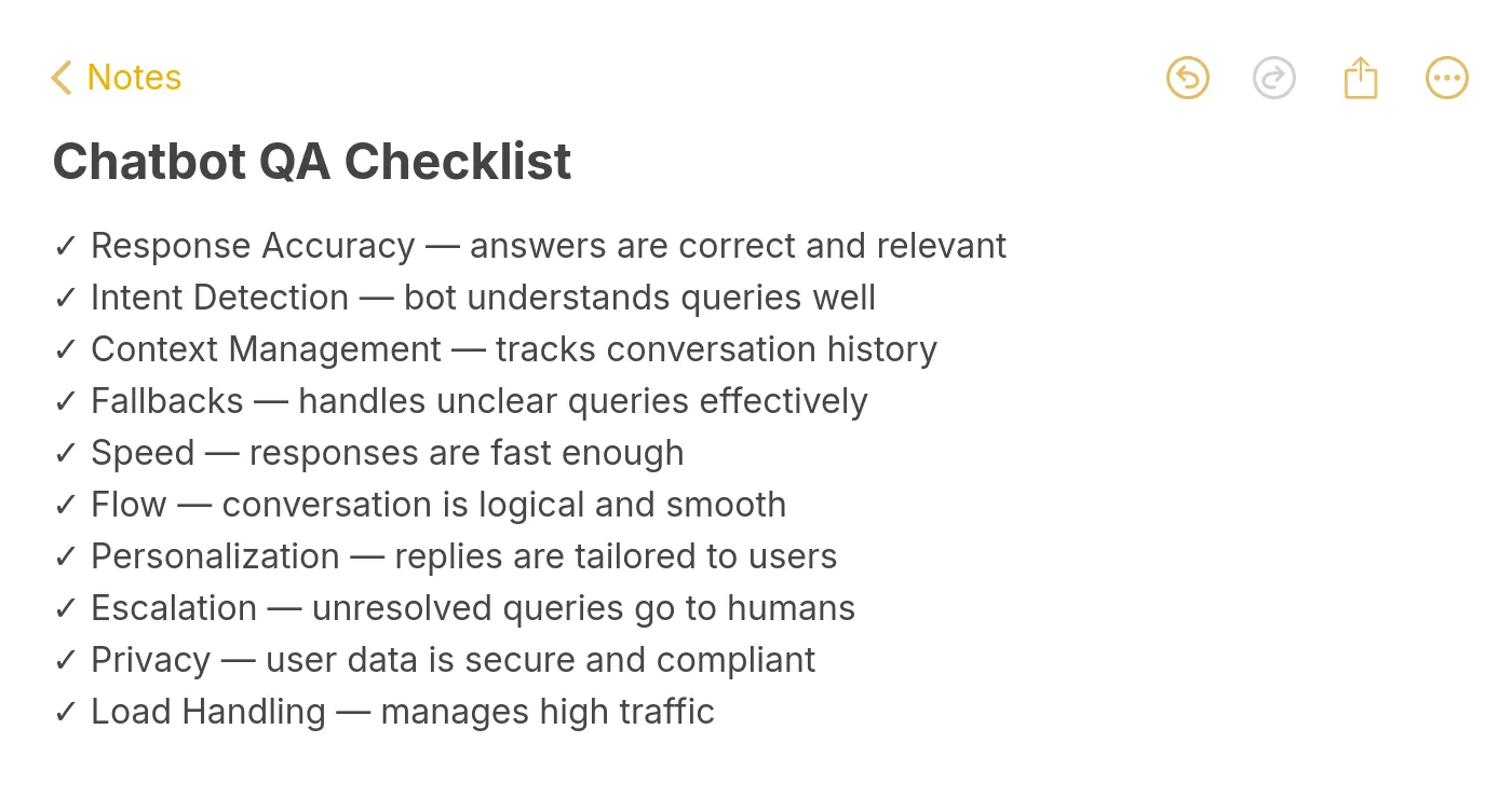 Quality assurance checklist for chatbots covering 10 key areas