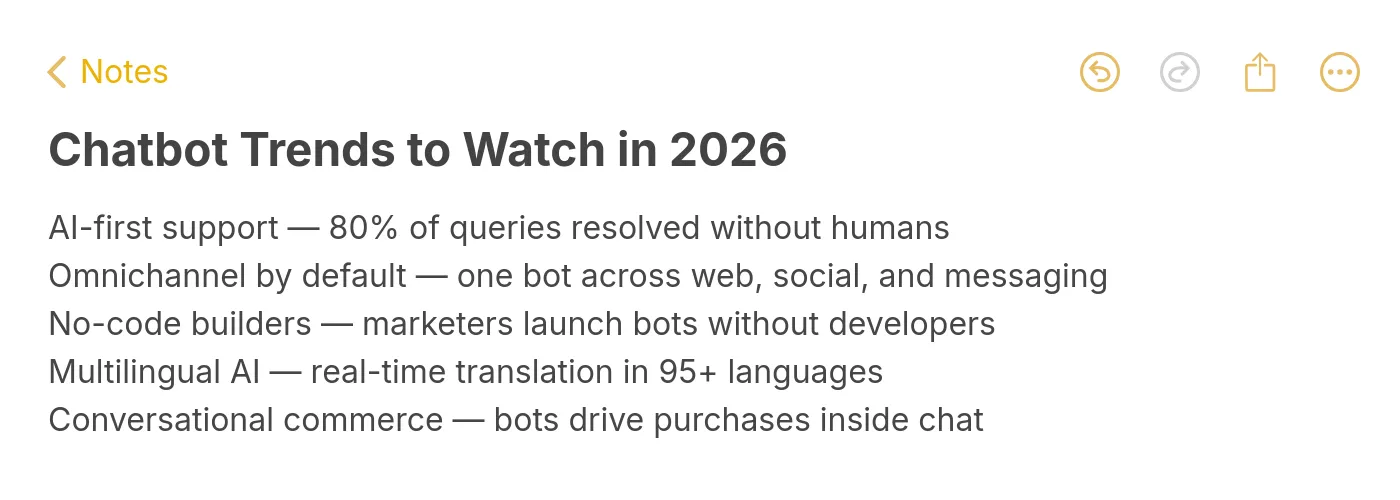 Five emerging chatbot technology trends to watch in 2026 including AI-first support