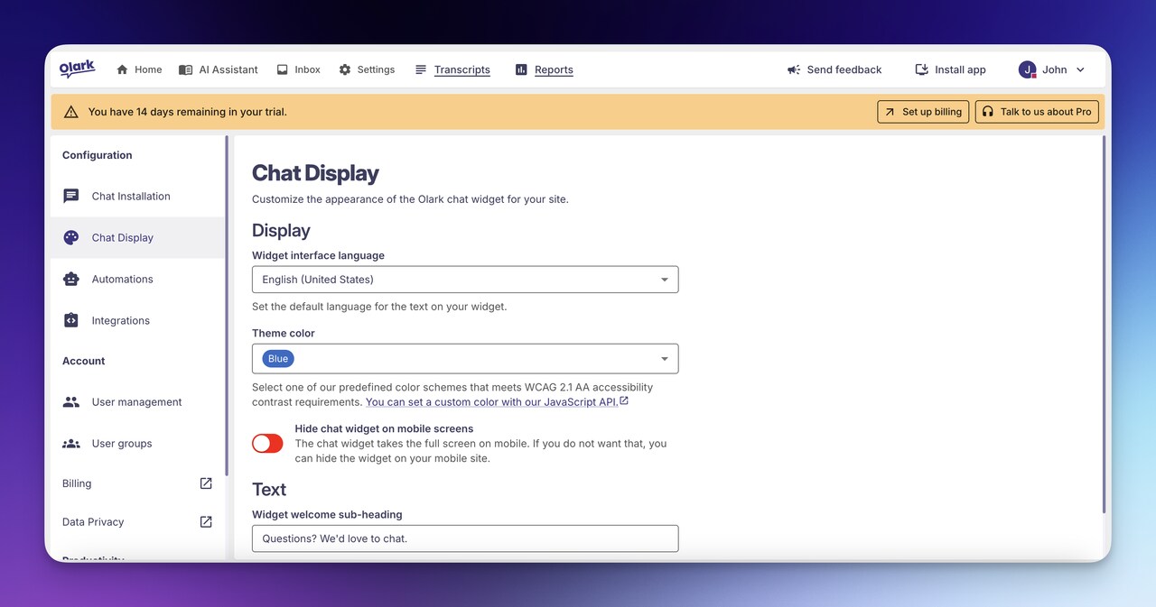 Olark live chat dashboard with accessibility-compliant widget configuration