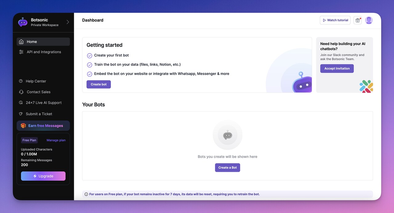Botsonic dashboard showing data training interface and chatbot configuration