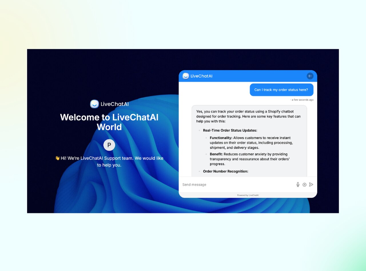 LiveChatAI chatbot conversation showing AI-powered customer support response
