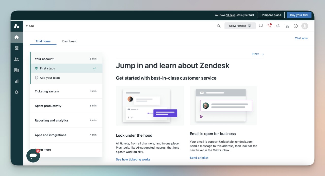 Zendesk admin dashboard showing AI-powered ticket routing and analytics