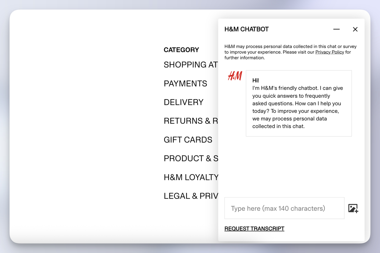 H&M chatbot example delivering quick answers to frequently asked questions about shopping, payments, and returns.