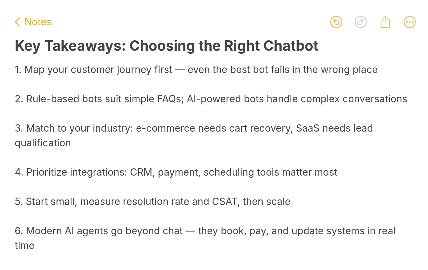 Note listing six key takeaways for choosing the right chatbot including mapping the customer journey first and matching bot type to industry needs.