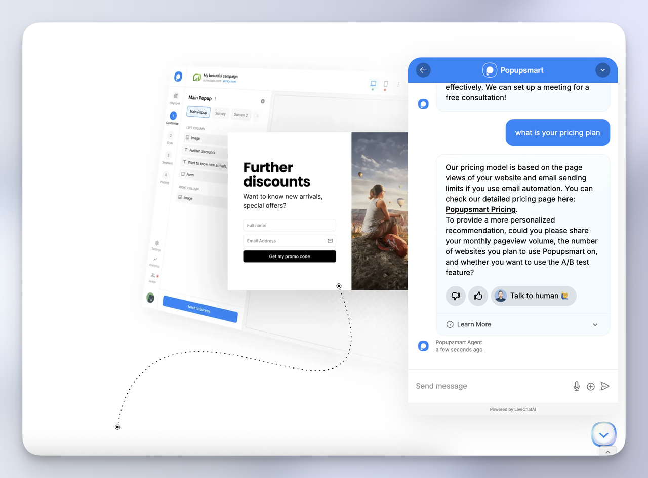 Popupsmart chatbot example answering a pricing plan question while integrated alongside a discount popup lead capture form.
