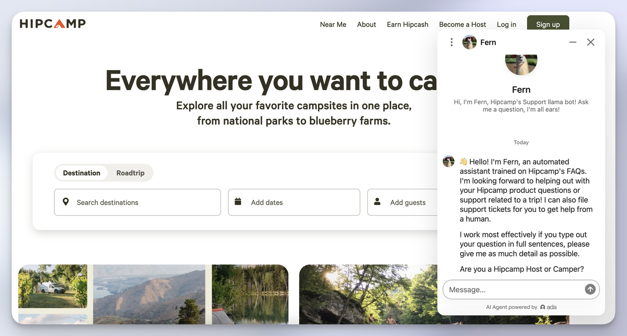 Hipcamp Fern chatbot example greeting a user with friendly llama-themed branding and offering help with camping and host questions.