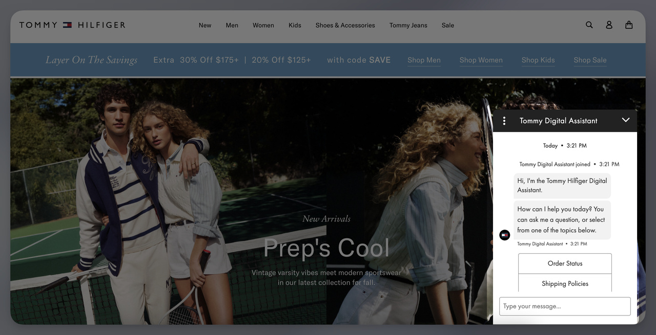 Tommy Hilfiger Digital Assistant chatbot example offering order status and shipping policy support directly on the brand's website.