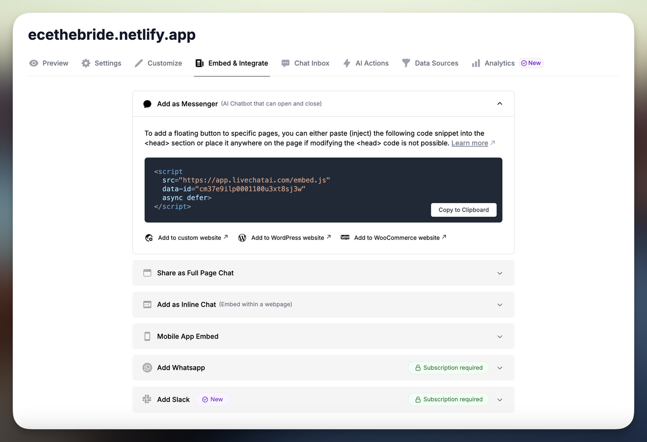Embed and Integrate section in the chatbot dashboard