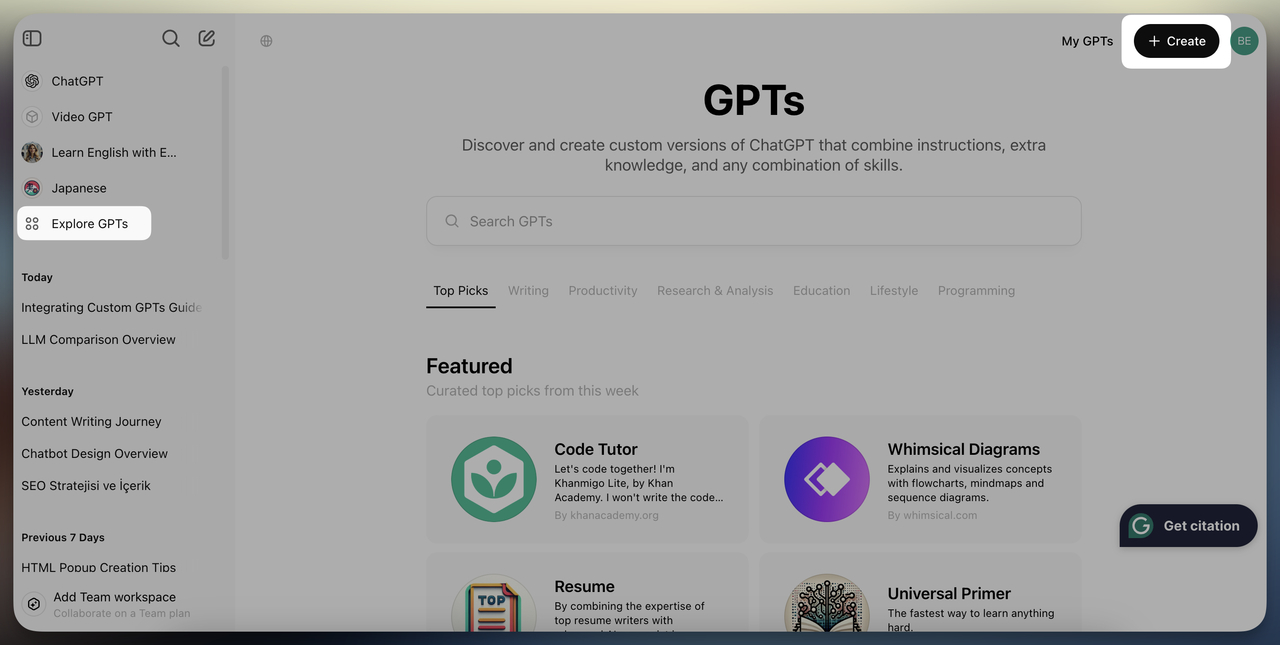 Explore GPTs section in OpenAI with Create button highlighted