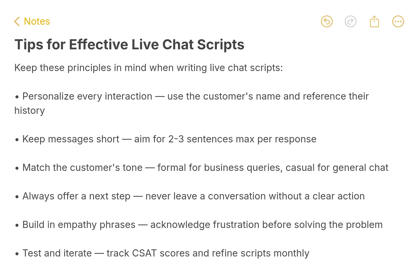 Note with 6 tips for writing effective live chat scripts including personalization, brevity, tone matching, next steps, empathy phrases, and iteration