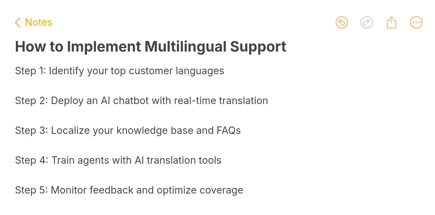 Note showing five implementation steps for multilingual support from identifying languages to monitoring and optimizing coverage